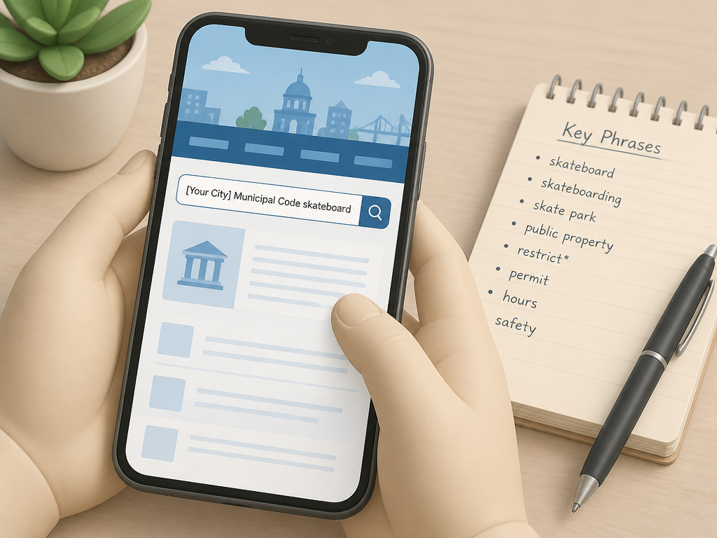 Person searching municipal code on phone for longboarding road laws