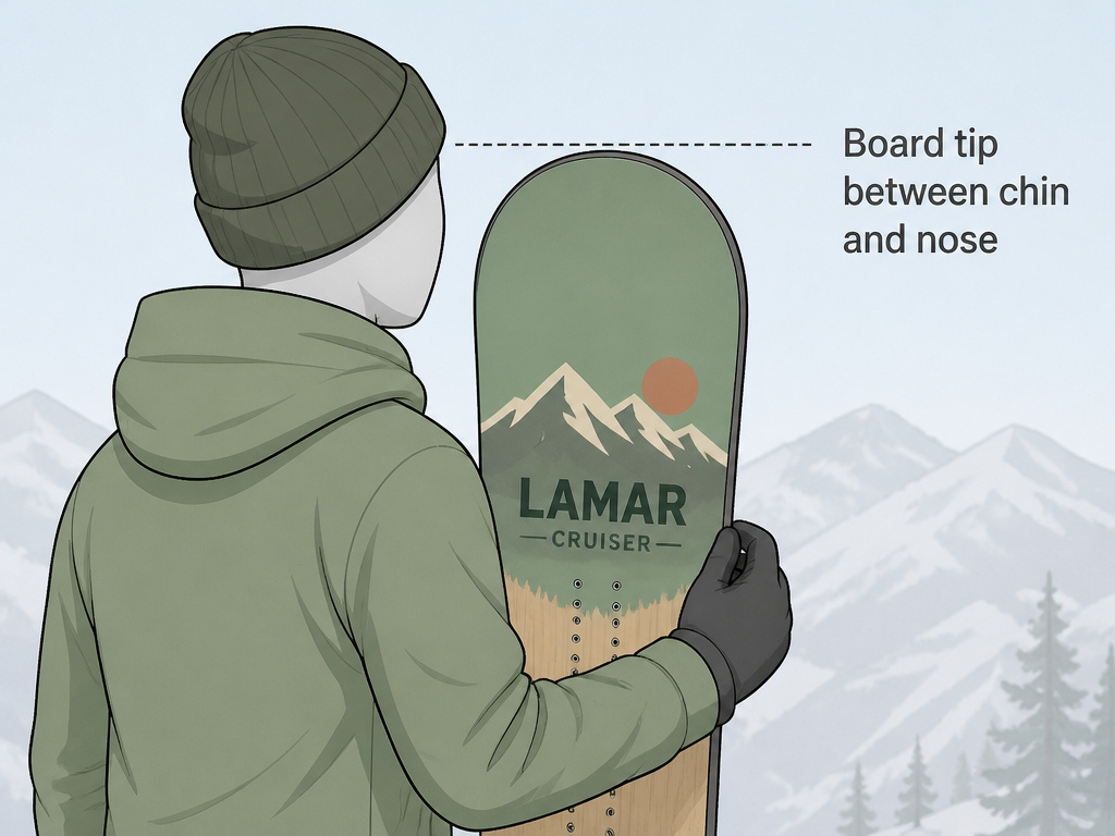 Person checking Lamar snowboard size by standing it upright for measurement.