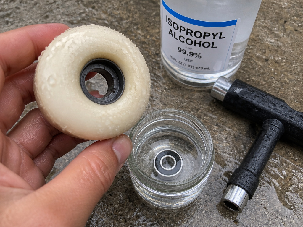 Cleaning a rusty skateboard bearing by soaking it in alcohol after water exposure.