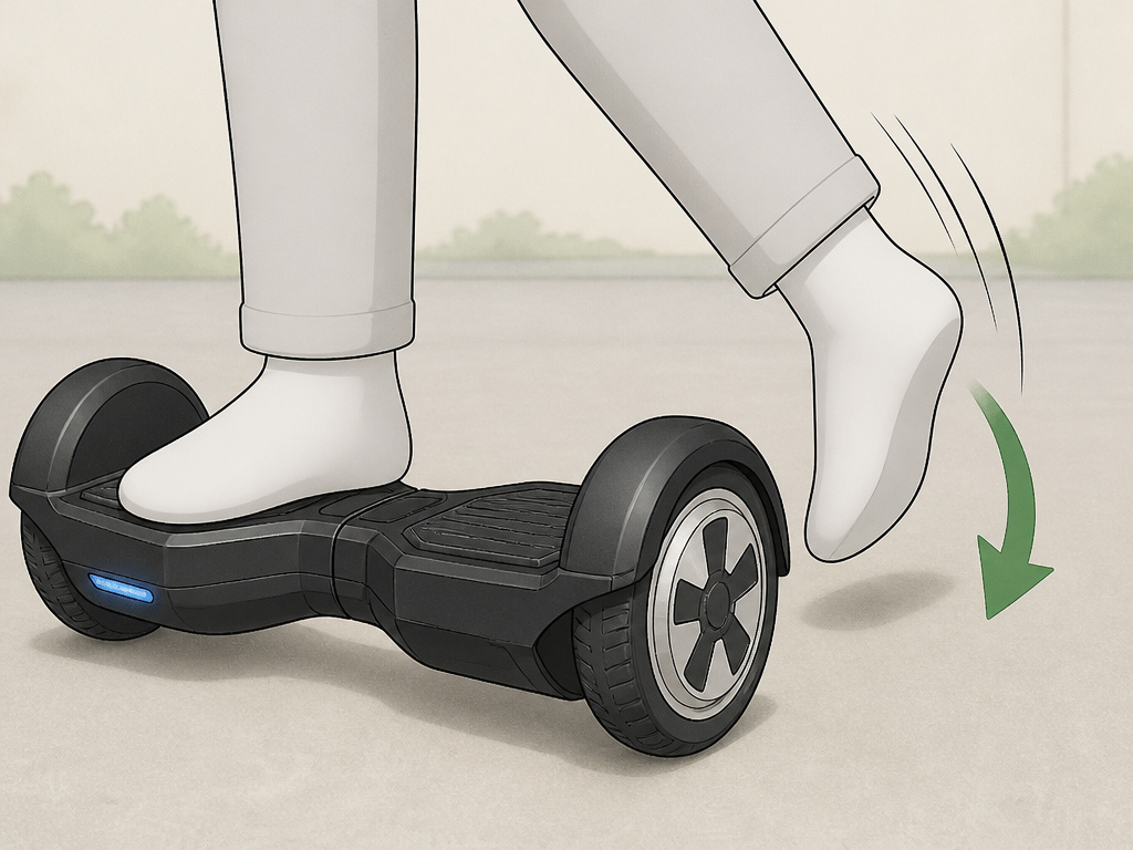 Cartoon diagram showing correct foot placement to dismount a hoverboard safely.