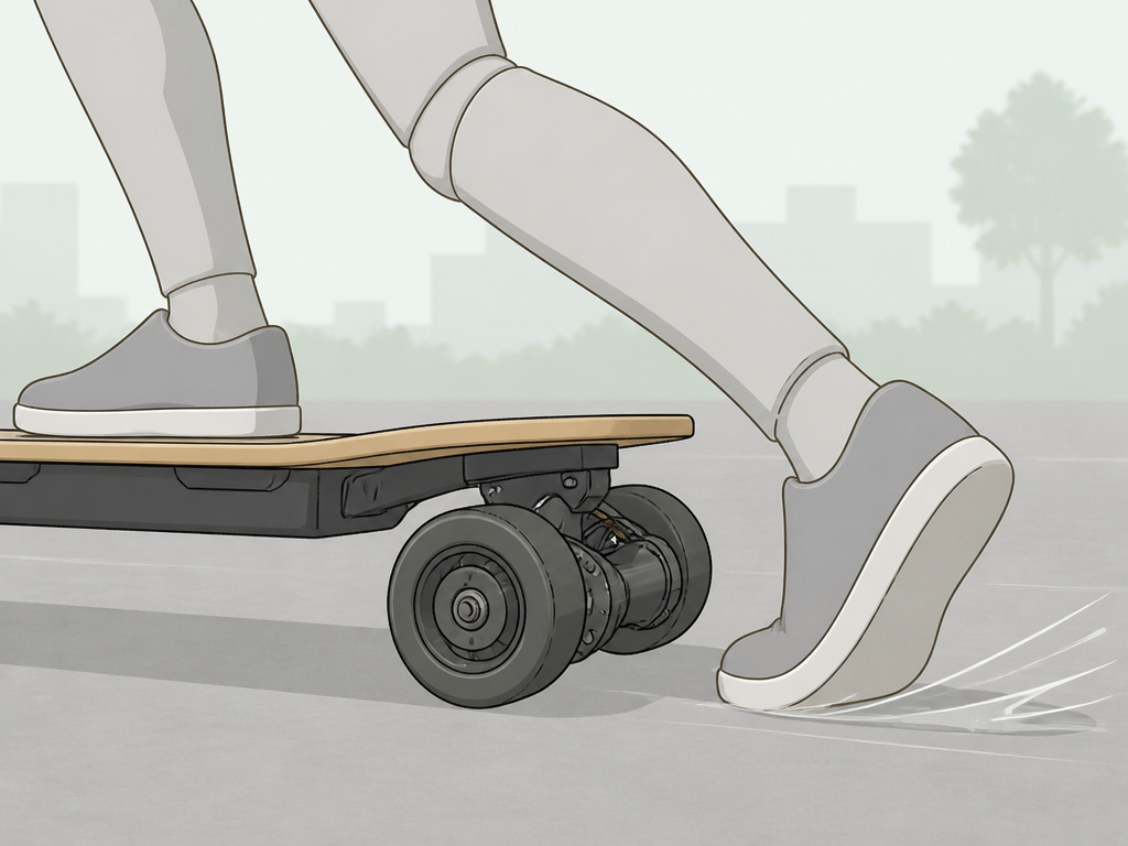 Rider using foot-braking technique on an electric longboard, close-up diagram.