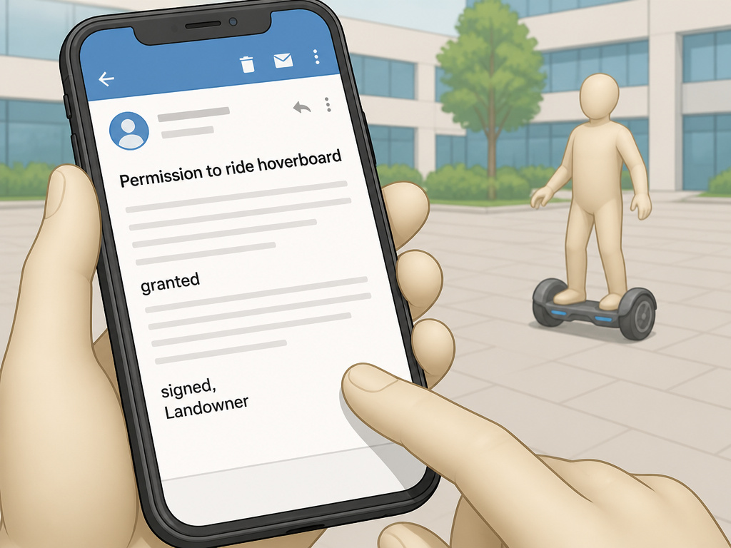 Cartoon of a smartphone showing written permission email for hoverboard riding.