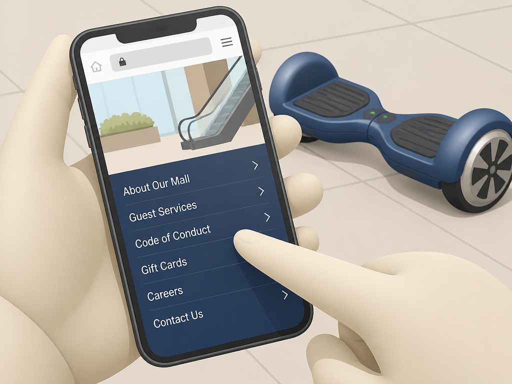 Person checking mall website policy on hoverboard usage on a smartphone.