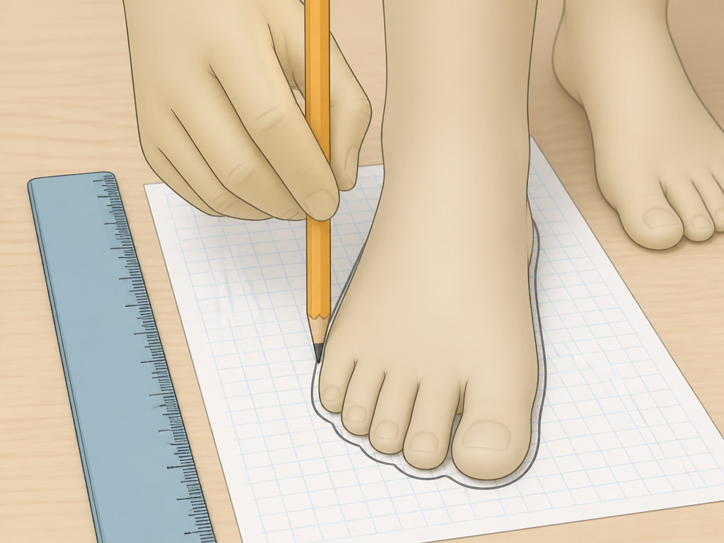 Measuring foot for inline skate size with a pencil and ruler on paper.