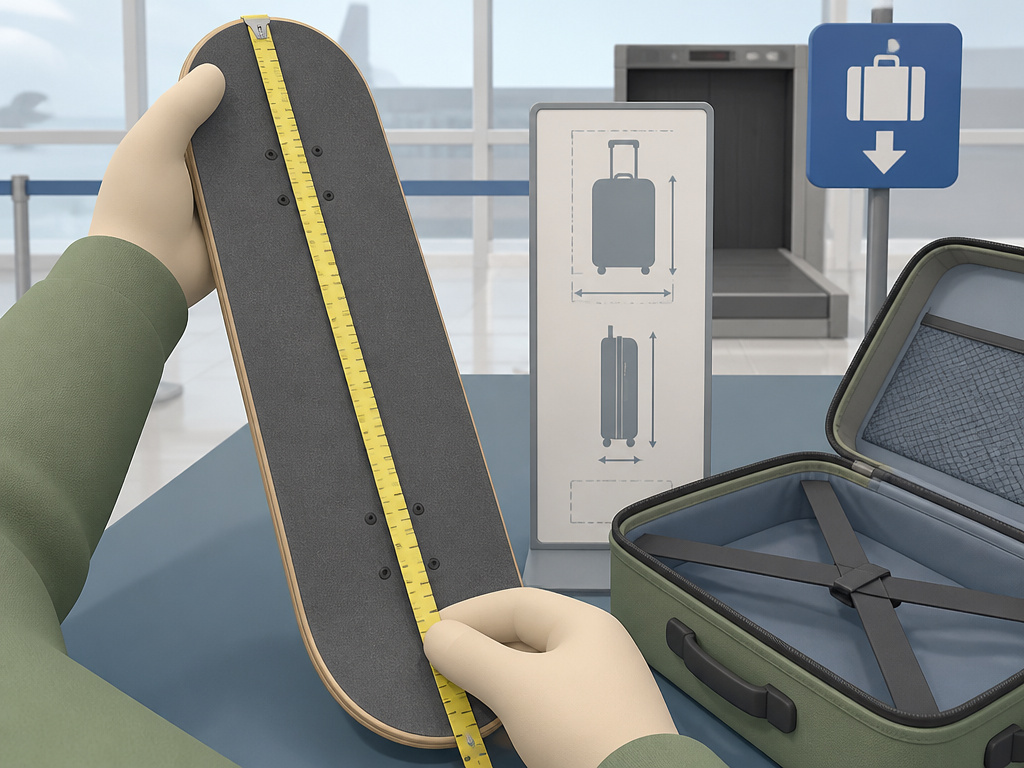 Measuring a skateboard against airline luggage size limits at check-in counter