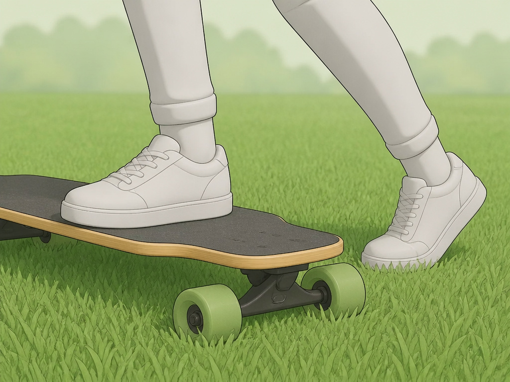 Practicing ghost ride longboard footwork stationary on soft grass surface