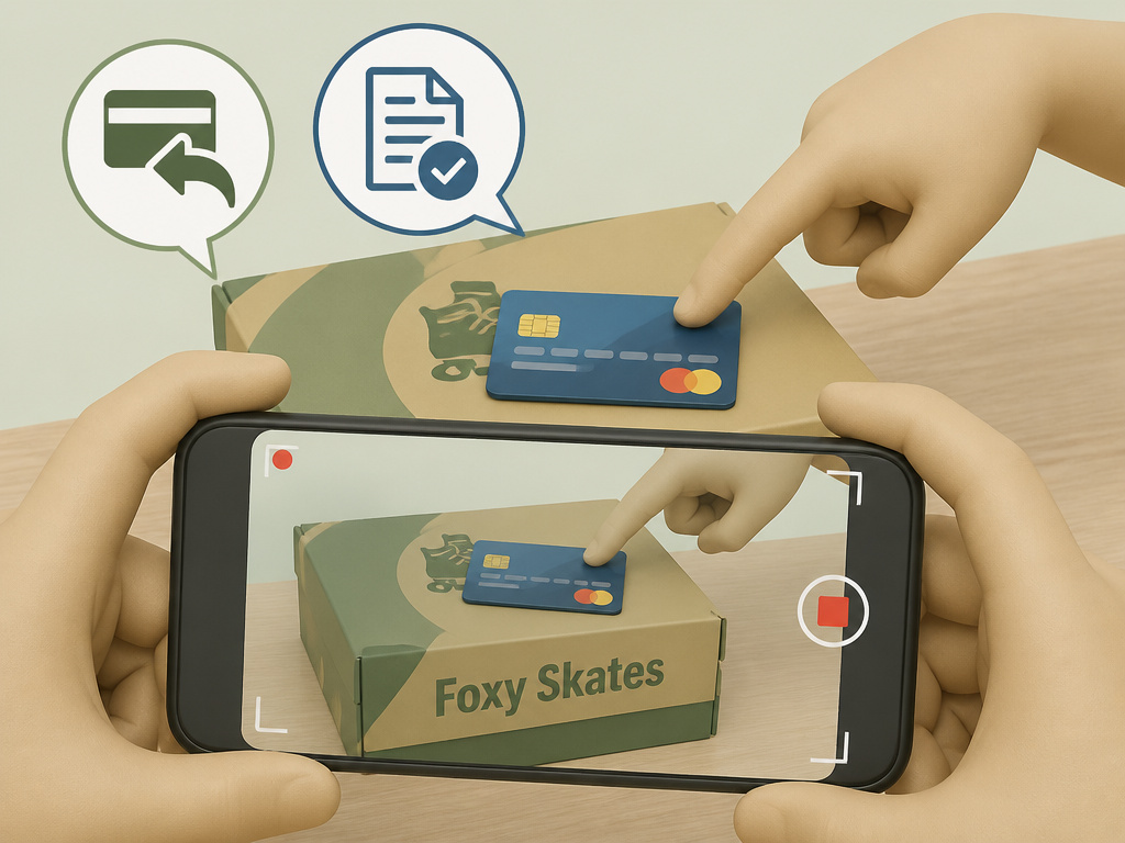 Foxy Skates buyer protection: using a credit card and video evidence.