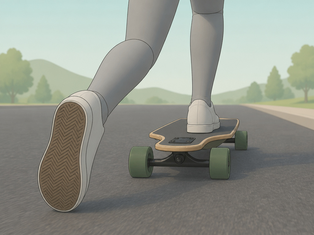 Close-up of a rider pushing efficiently on a drop-down longboard deck.