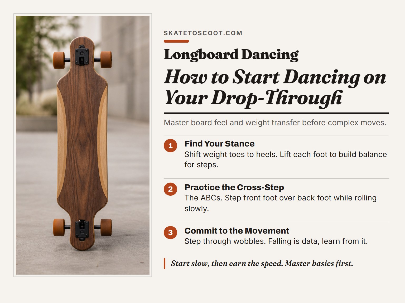 A drop-through longboard on concrete, illustrating first steps for board dancing.