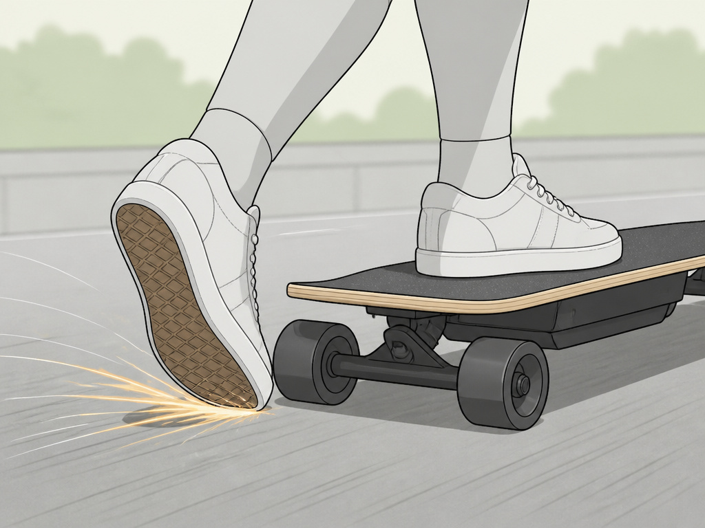 Close-up diagram of foot braking technique on an electric longboard.