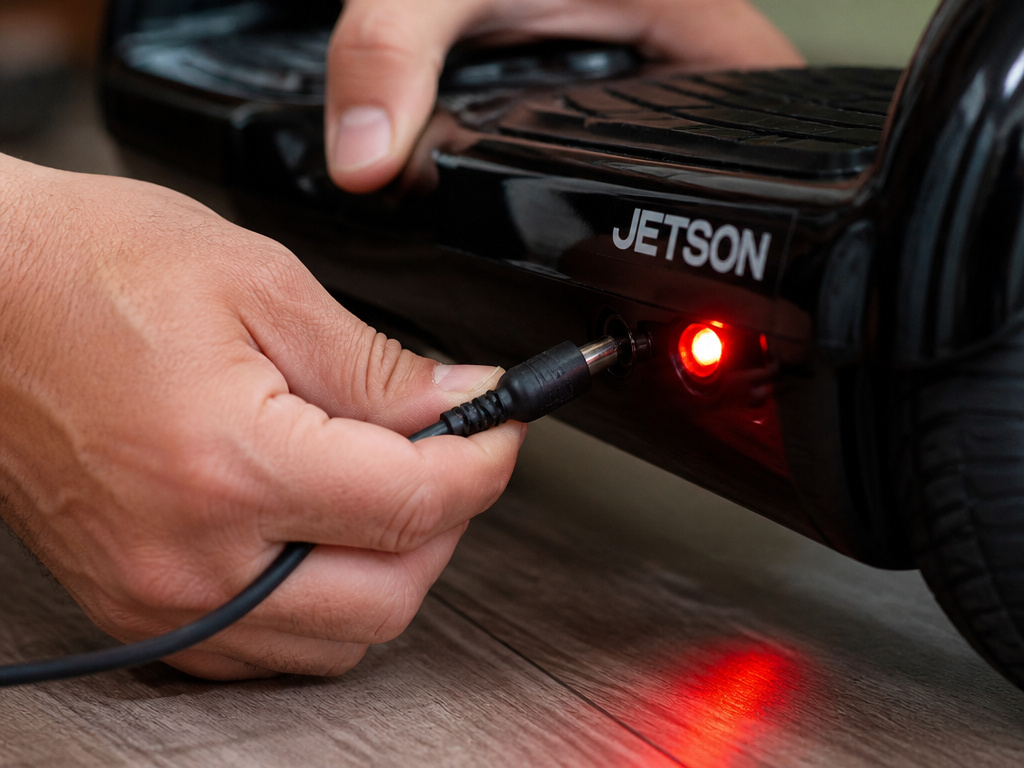 Close-up of a hoverboard charger with red light indicating active charging