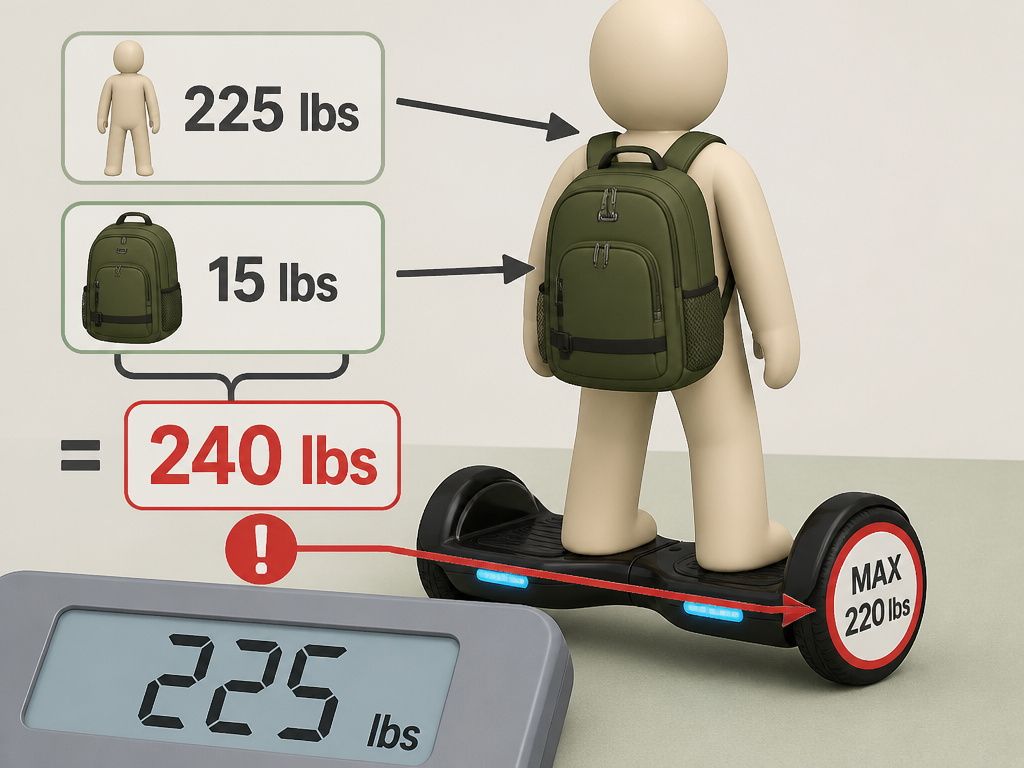Hoverboard weight limit comparison with rider and backpack exceeding max capacity