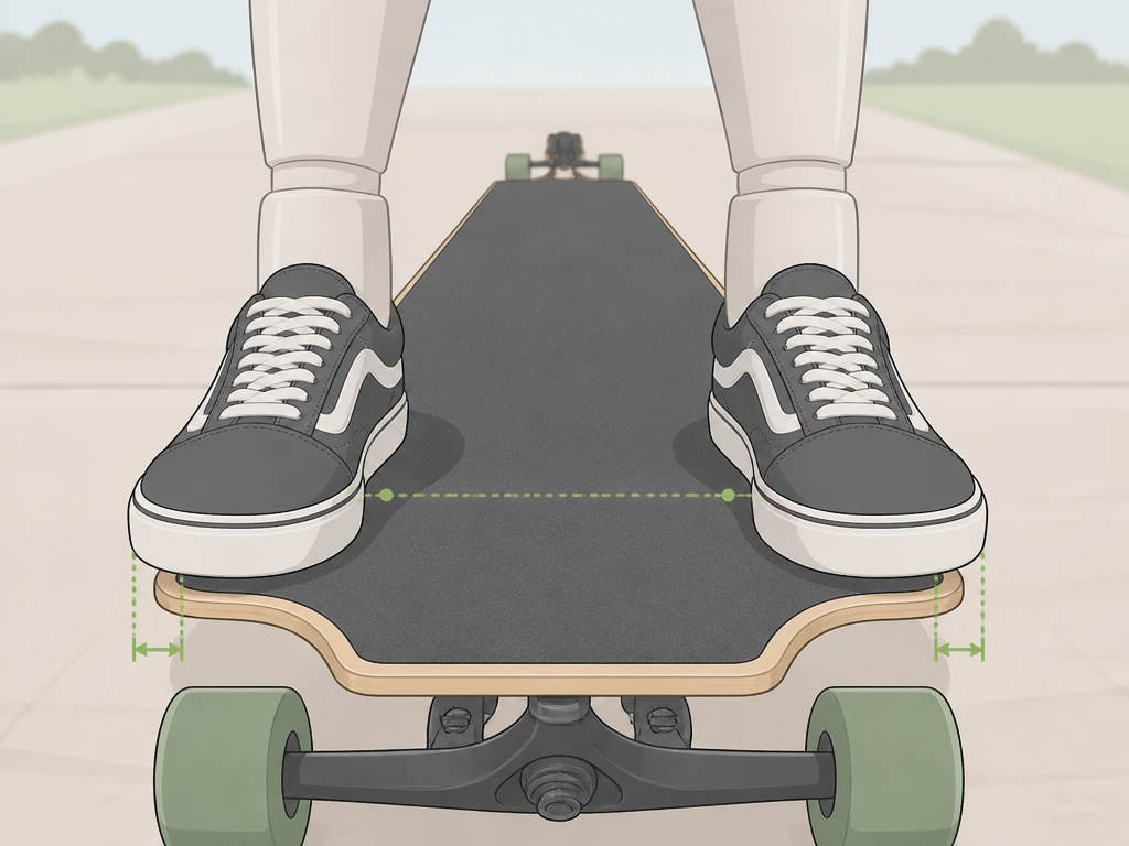 Longboard deck width and foot placement for stability and control.