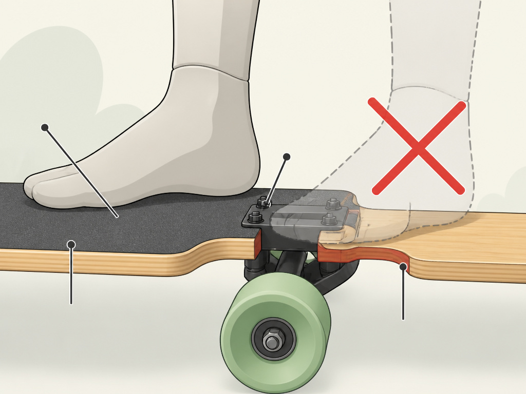 Correct and incorrect foot placement on a drop-through longboard deck diagram.