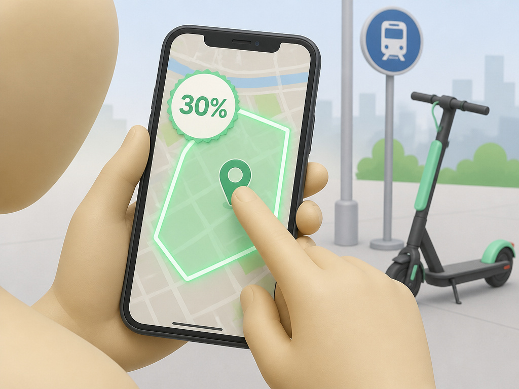Smartphone map showing hyperlocal equity discount zone for free scooter rides.
