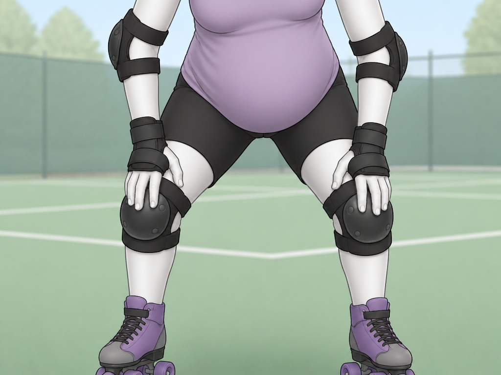 Pregnant roller skater with full safety gear on a controlled, smooth surface.