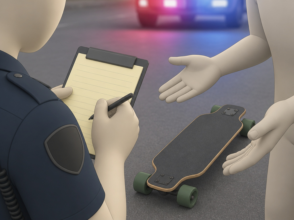 Police officer issuing a citation to a longboard rider on the road.