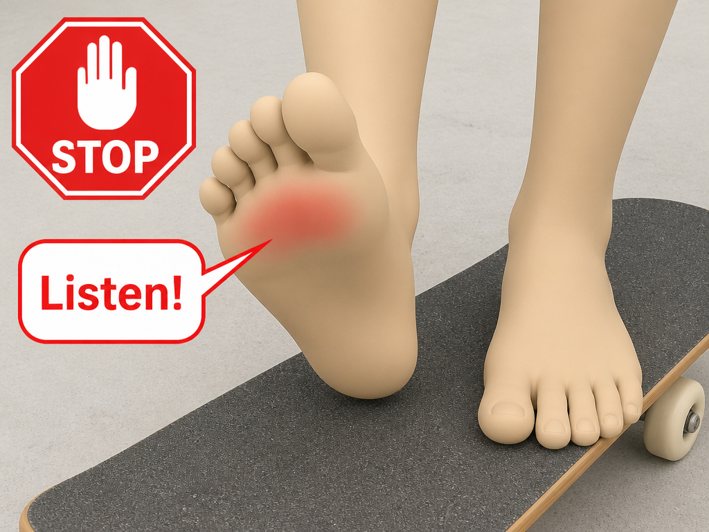 Barefoot skateboarding warning sign for raw foot hotspot on grip tape