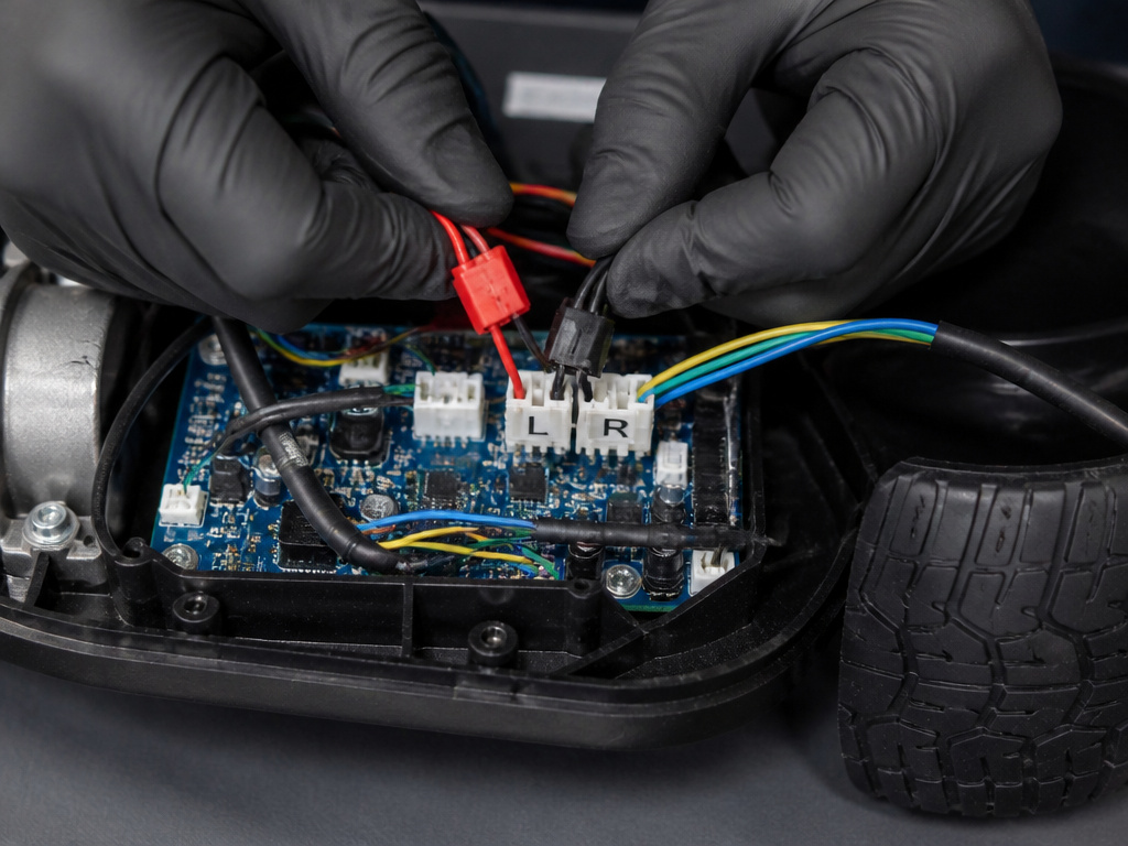 Diagnosing a hoverboard pull by swapping motor connectors on the logic board.