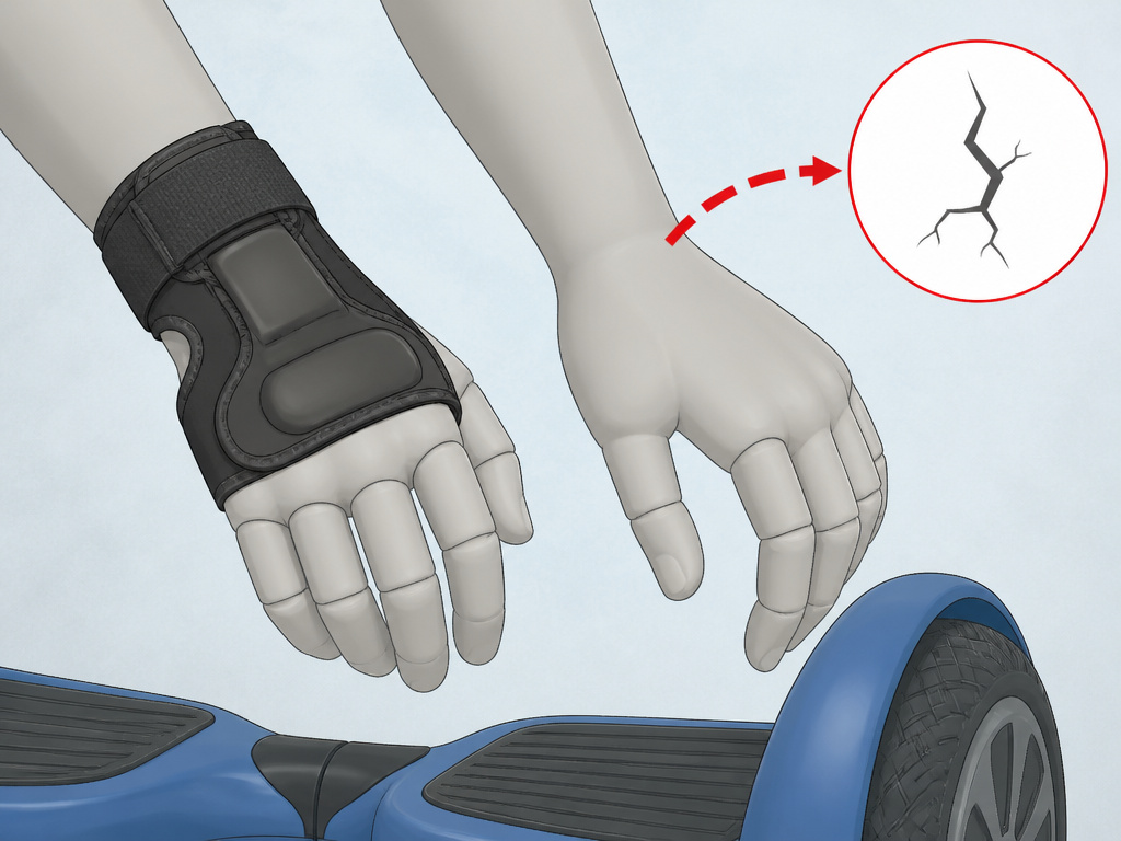 Cartoon diagram of hoverboard wrist injury risk and safety gear.