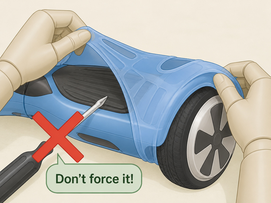 Close-up illustration of correctly installing a silicone hoverboard protector case.