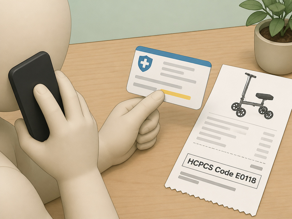 Person checking insurance coverage for knee scooter rental cost and reimbursement