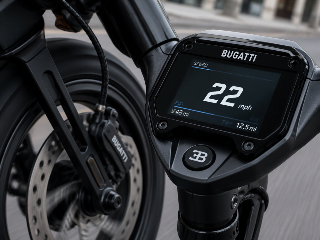 Bugatti electric scooter speedometer showing 22 mph top speed in city setting.