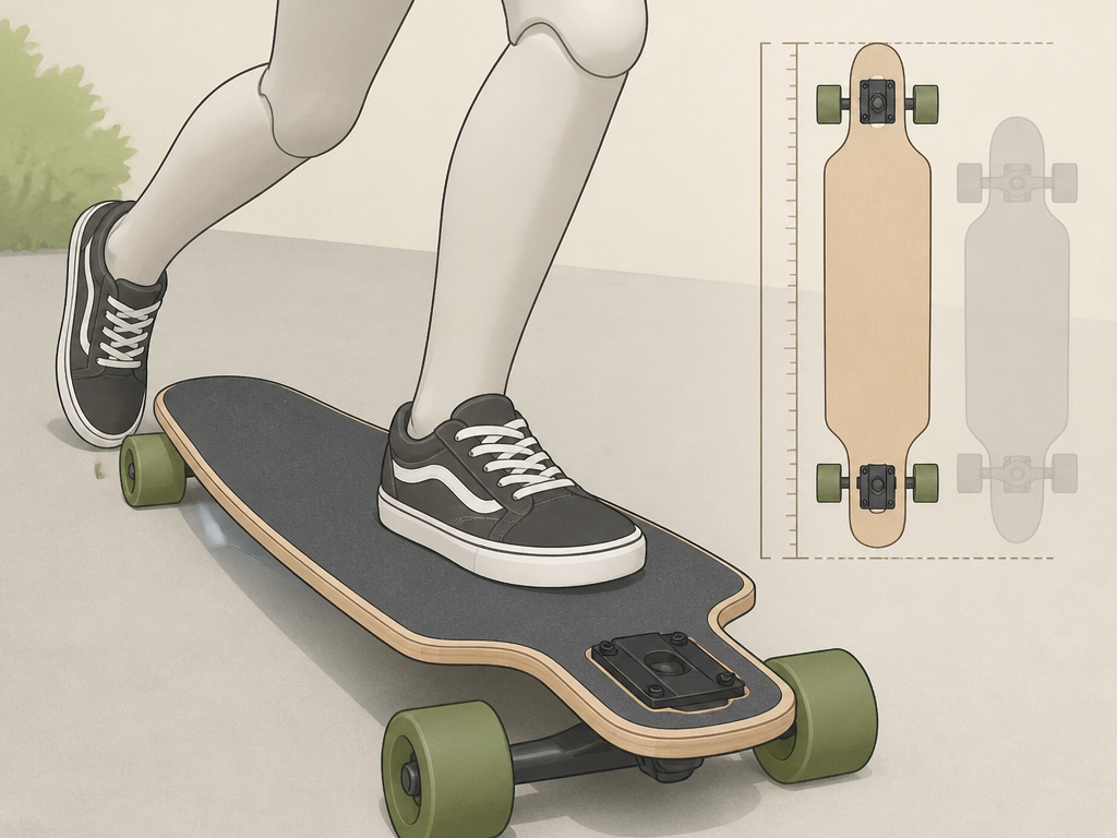 Beginner's feet pushing a drop-through longboard with deck length comparison.