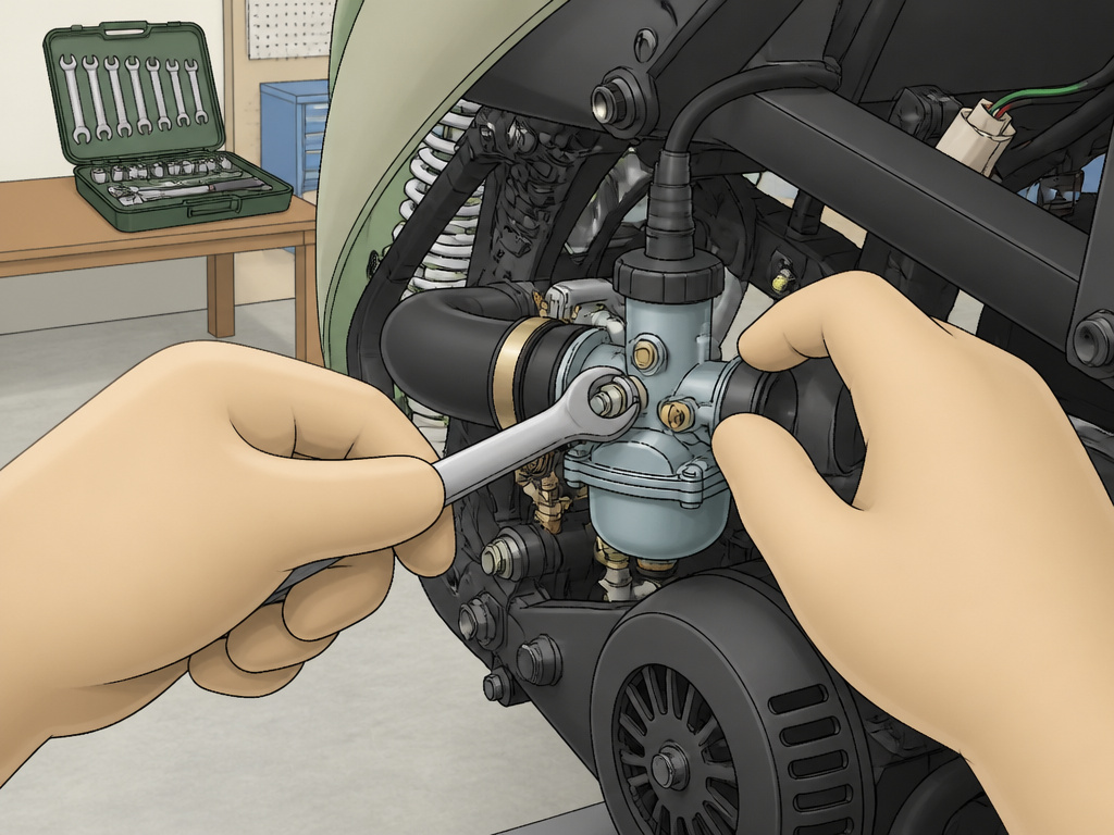 Hands adjusting carburetor on an Ice Bear 150cc scooter for maintenance