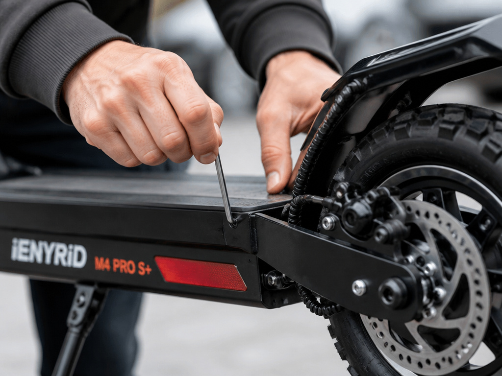 Hands performing mechanical maintenance on an iENYRID electric scooter.