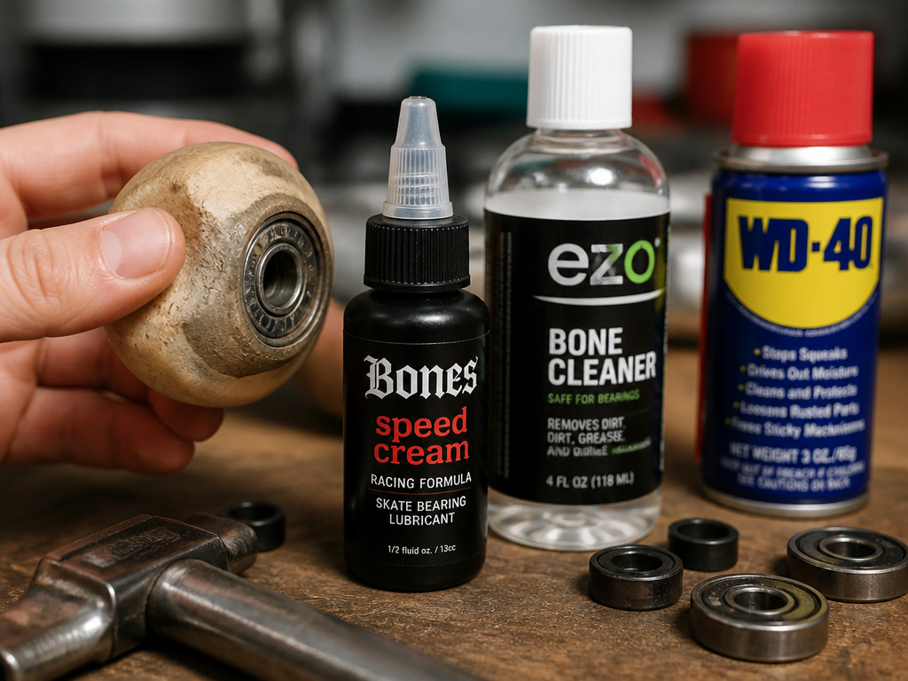 Close-up of worn longboard wheel and proper lubricants versus WD-40 can
