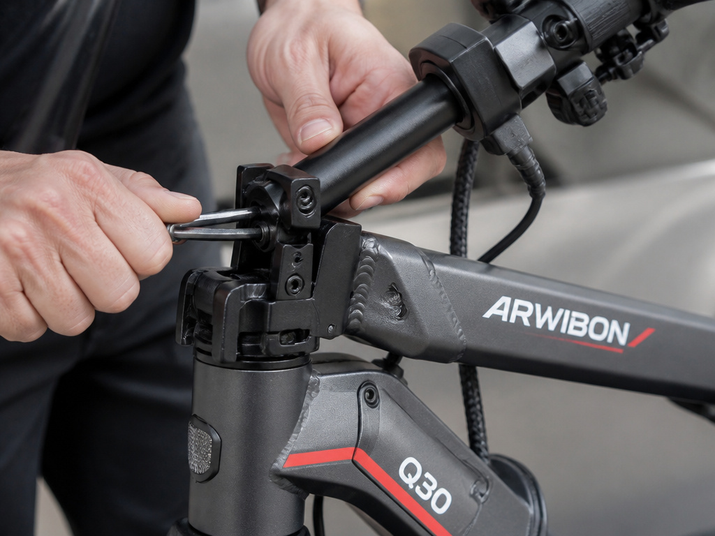 Assembling and folding the Arwibon Q30 electric scooter handlebars.
