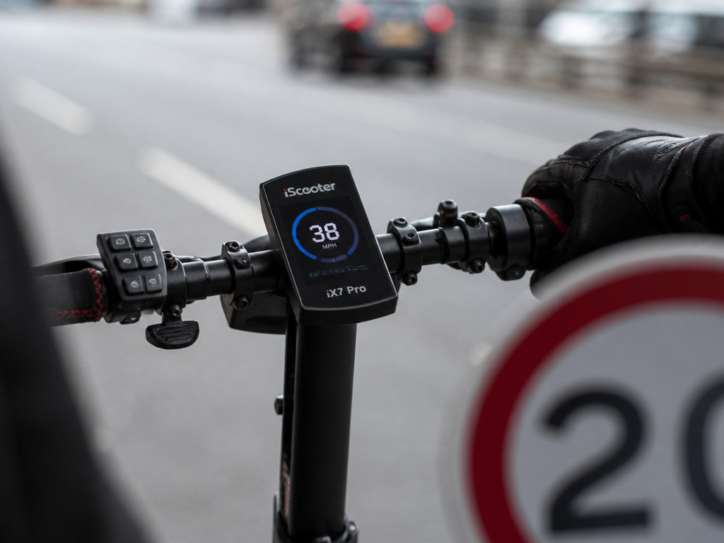 iScooter iX7 Pro speedometer showing 38 mph next to a 20 mph speed limit sign.