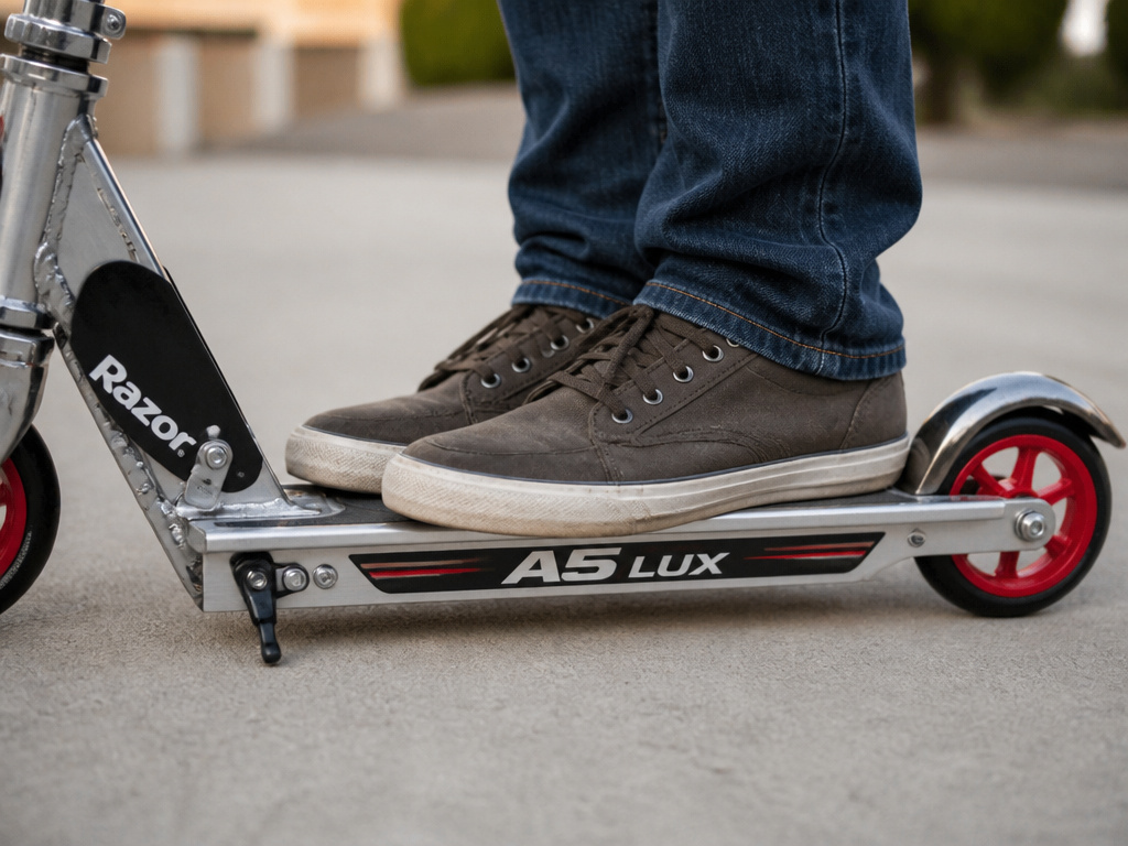 Adult rider's feet on Razor A5 Lux scooter deck for commuting review