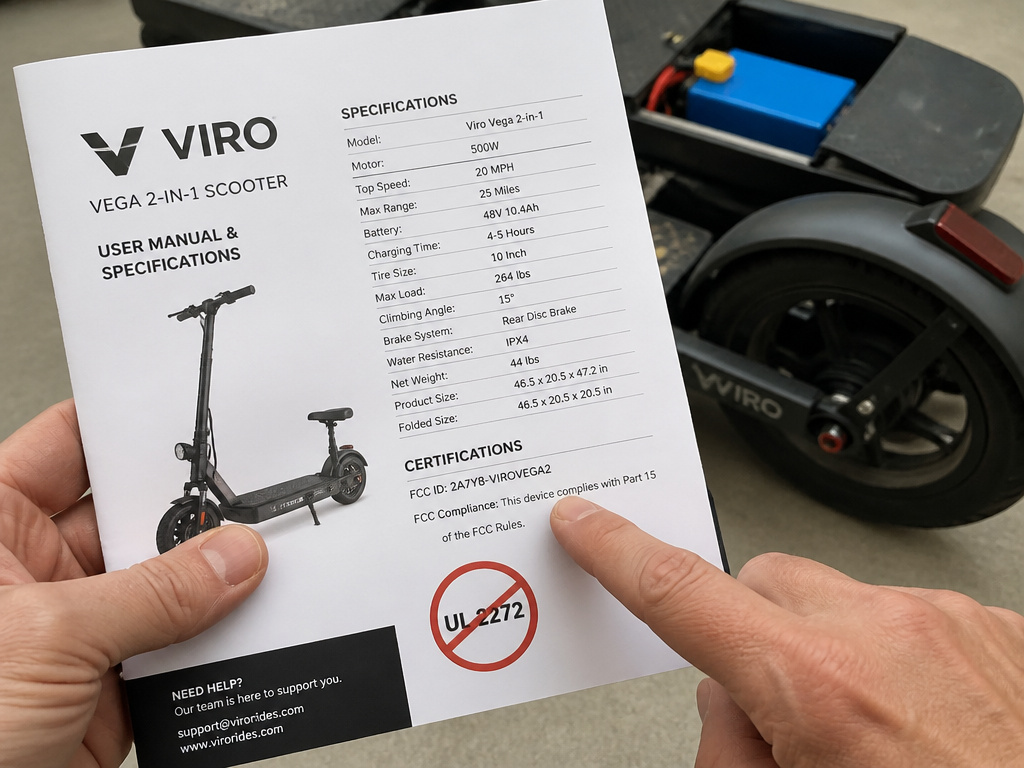 Viro Vega scooter manual showing missing UL 2272 safety certification.