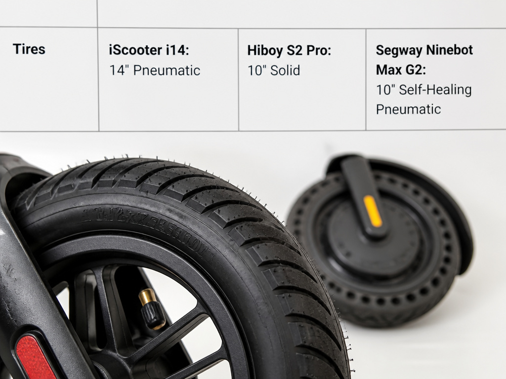 iScooter i14 large pneumatic tire compared to competitor's smaller solid tire