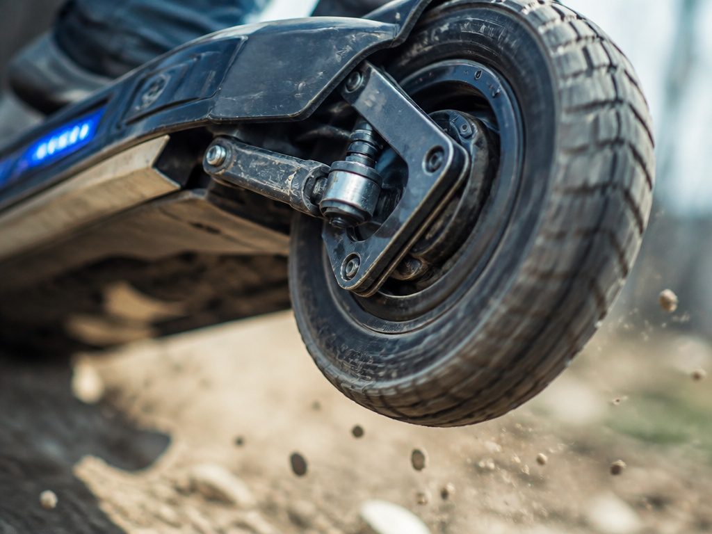 Hoverboard performing a jump trick, showing mechanical stress on frame and wheel