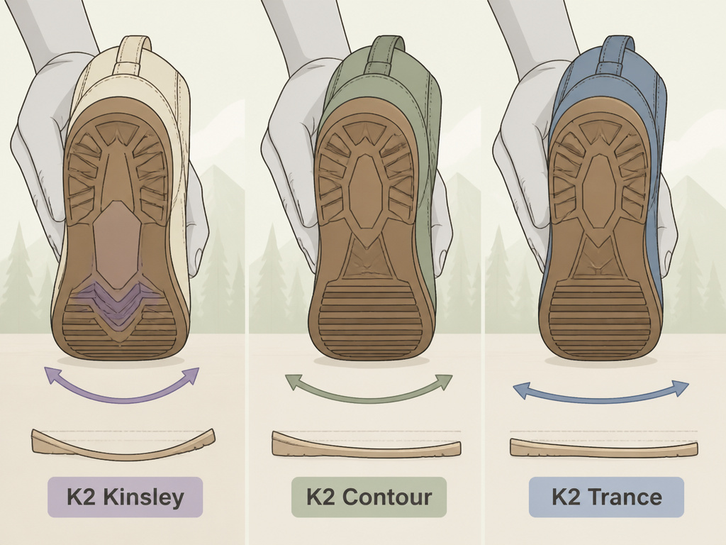 K2 Kinsley vs Contour vs Trance snowboard boot flex comparison diagram