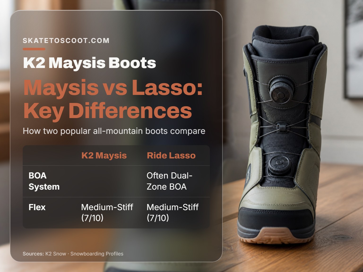 A K2 Maysis snowboard boot showing its dual BOA closure system.