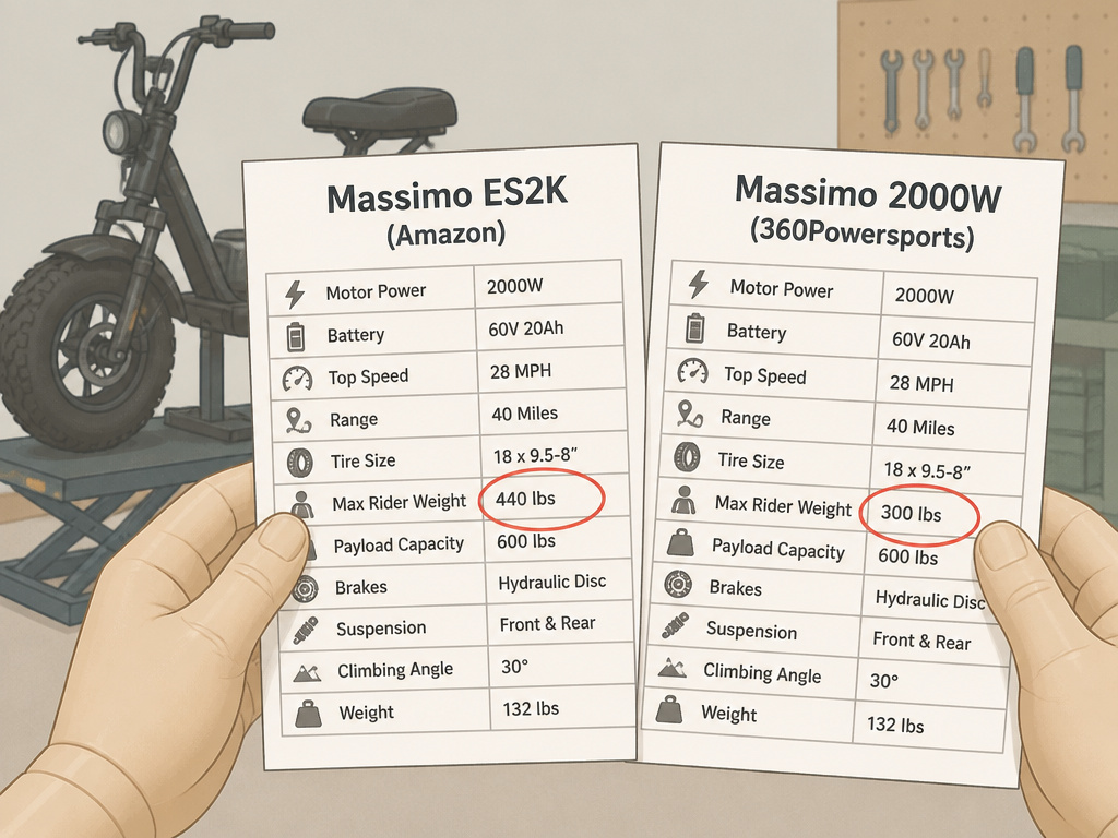Conflicting scooter specifications for Max Rider Weight highlighted in a comparison diagram.