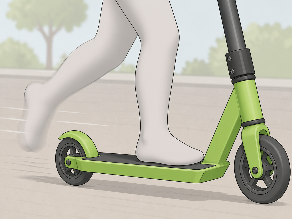 Close-up illustration of a foot kicking a push scooter for propulsion.