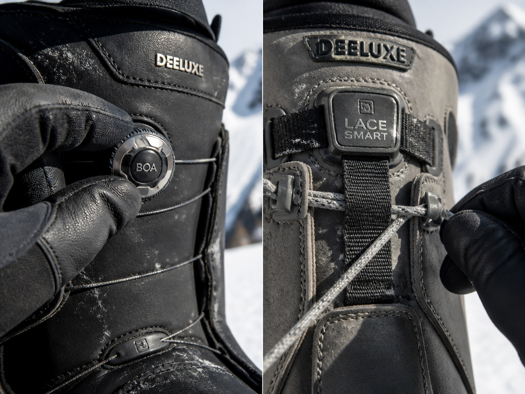 Close-up comparison of Boa dial and traditional laces on Deeluxe snowboard boots