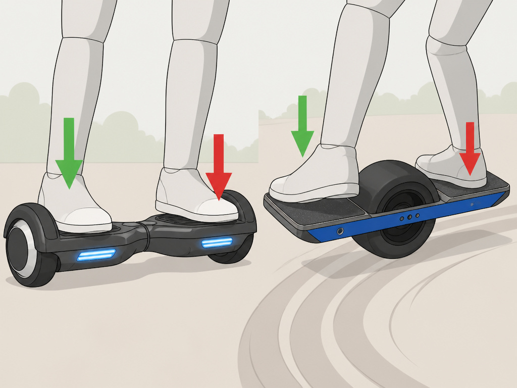 Hoverboard and Onewheel foot positioning and steering comparison for beginners.