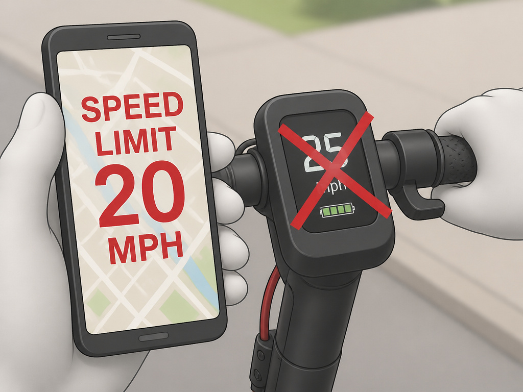 Smartphone displaying a 20 mph speed limit law next to a faster scooter speedometer.