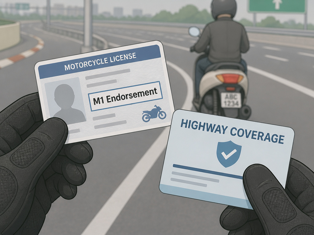 Scooter rider's hands holding a motorcycle license and highway insurance card