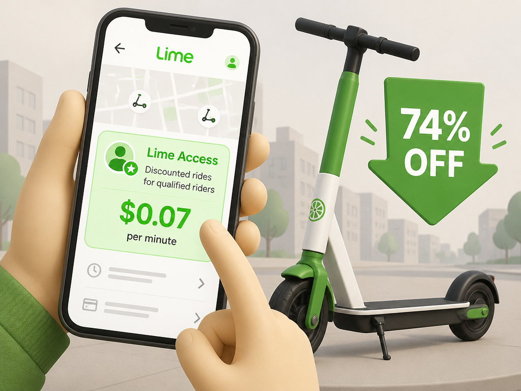 Lime Access low-income program app screen showing discounted scooter rental rates.