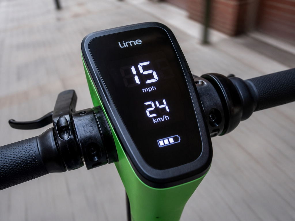 Close-up of a Lime scooter dashboard showing its governed speed of 15 mph.
