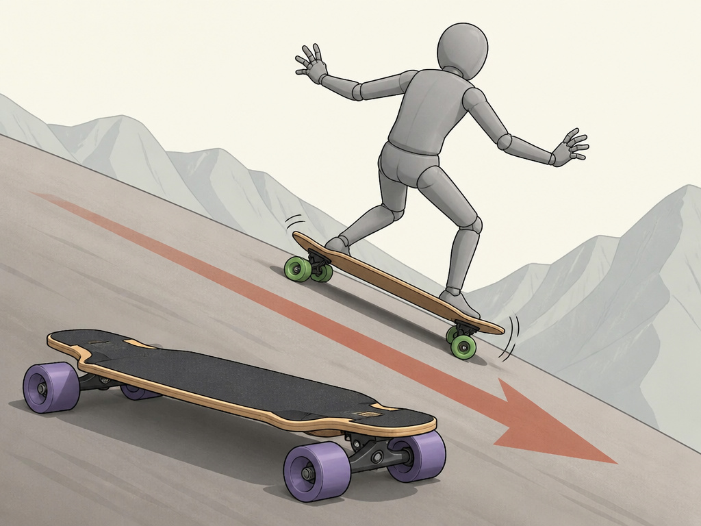 Kicktail longboard instability versus stable downhill board on steep slope