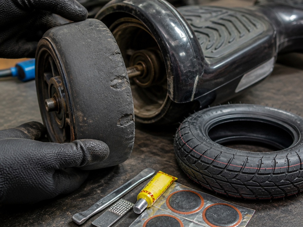Close-up of hoverboard tire maintenance, comparing worn and replacement tires.