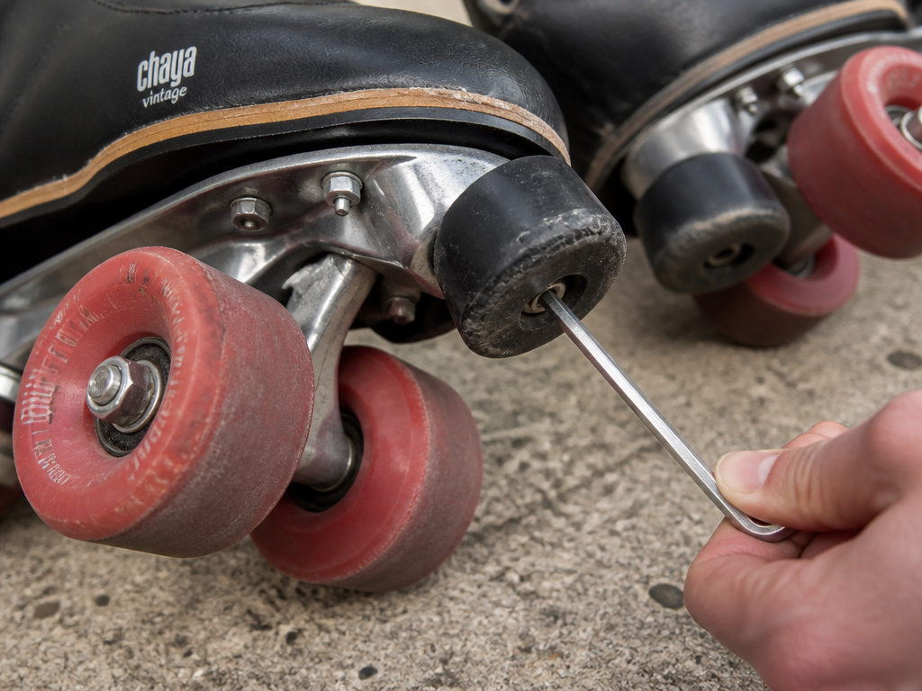 Close-up of worn Chaya Vintage skate wheels and toe stop replacement